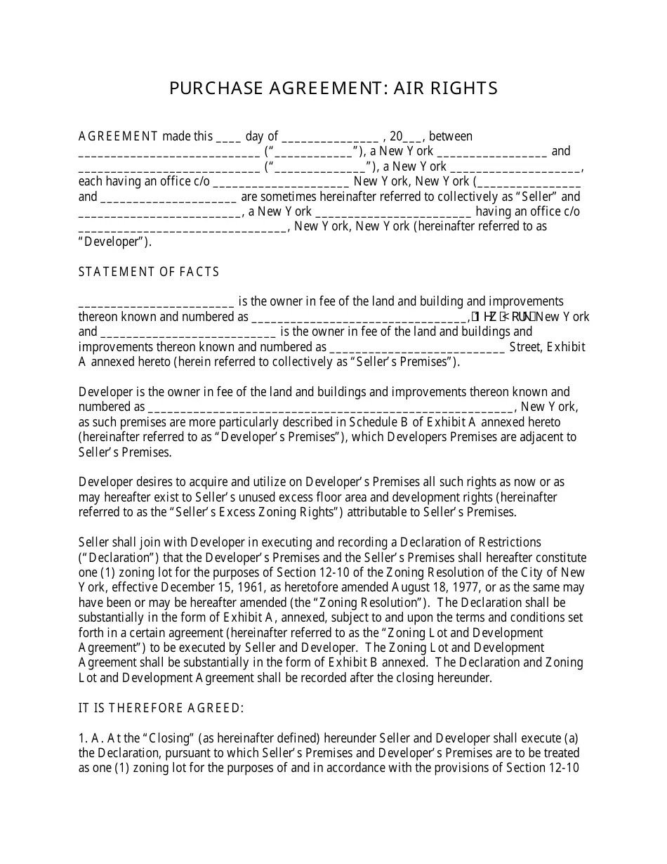 New York Purchase Agreement Template Air Rights Fill Out, Sign