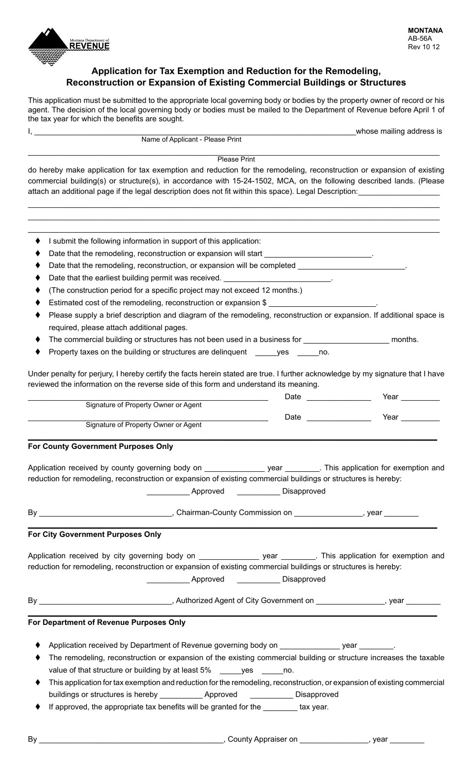 Form AB56A Fill Out, Sign Online and Download Printable PDF, Montana Templateroller