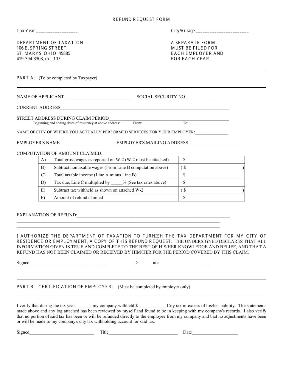 City of St. Marys, Ohio Refund Request Form Fill Out, Sign Online and