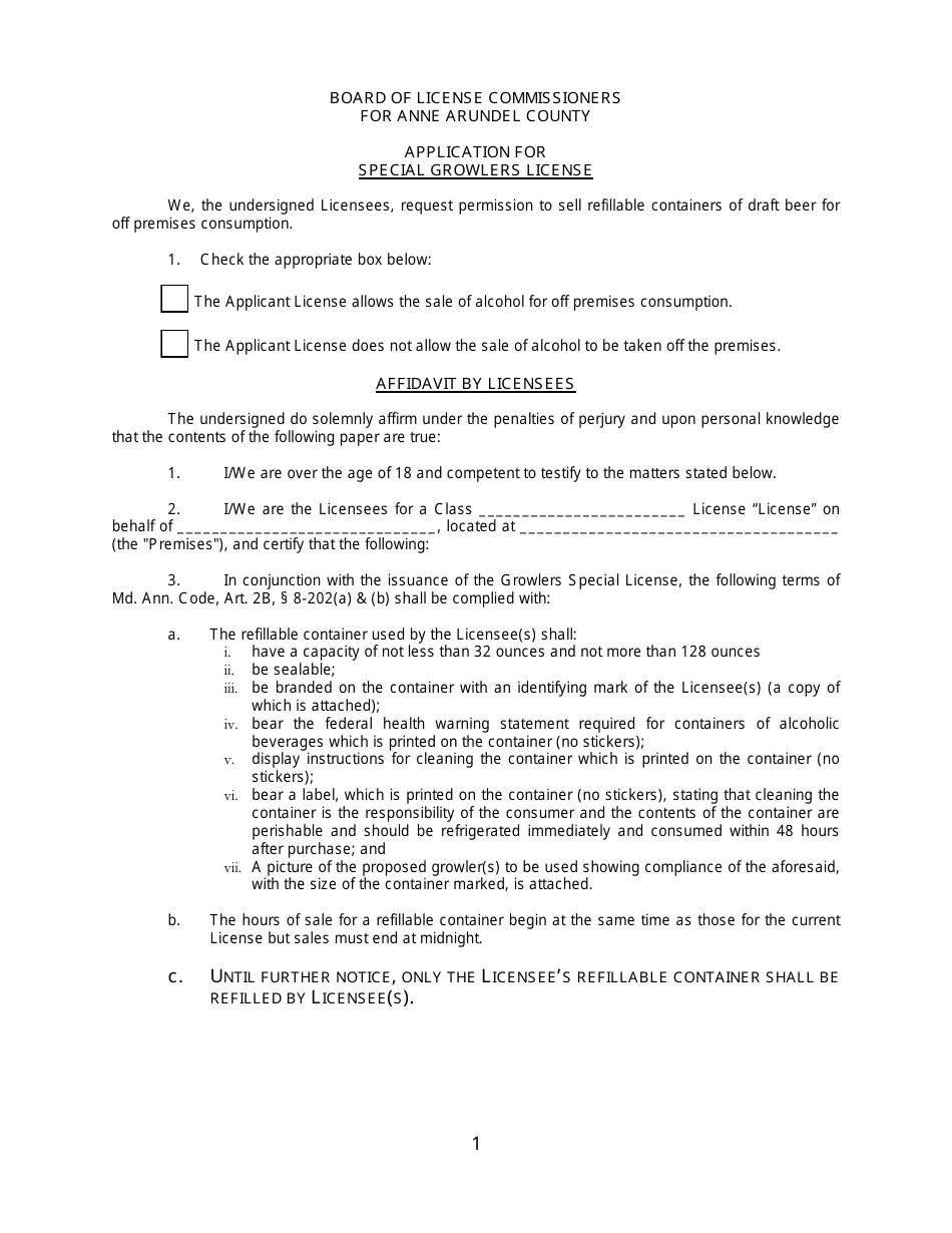 Anne Arundel County, Maryland Special Growlers License Application and Affidavit Form Fill Out