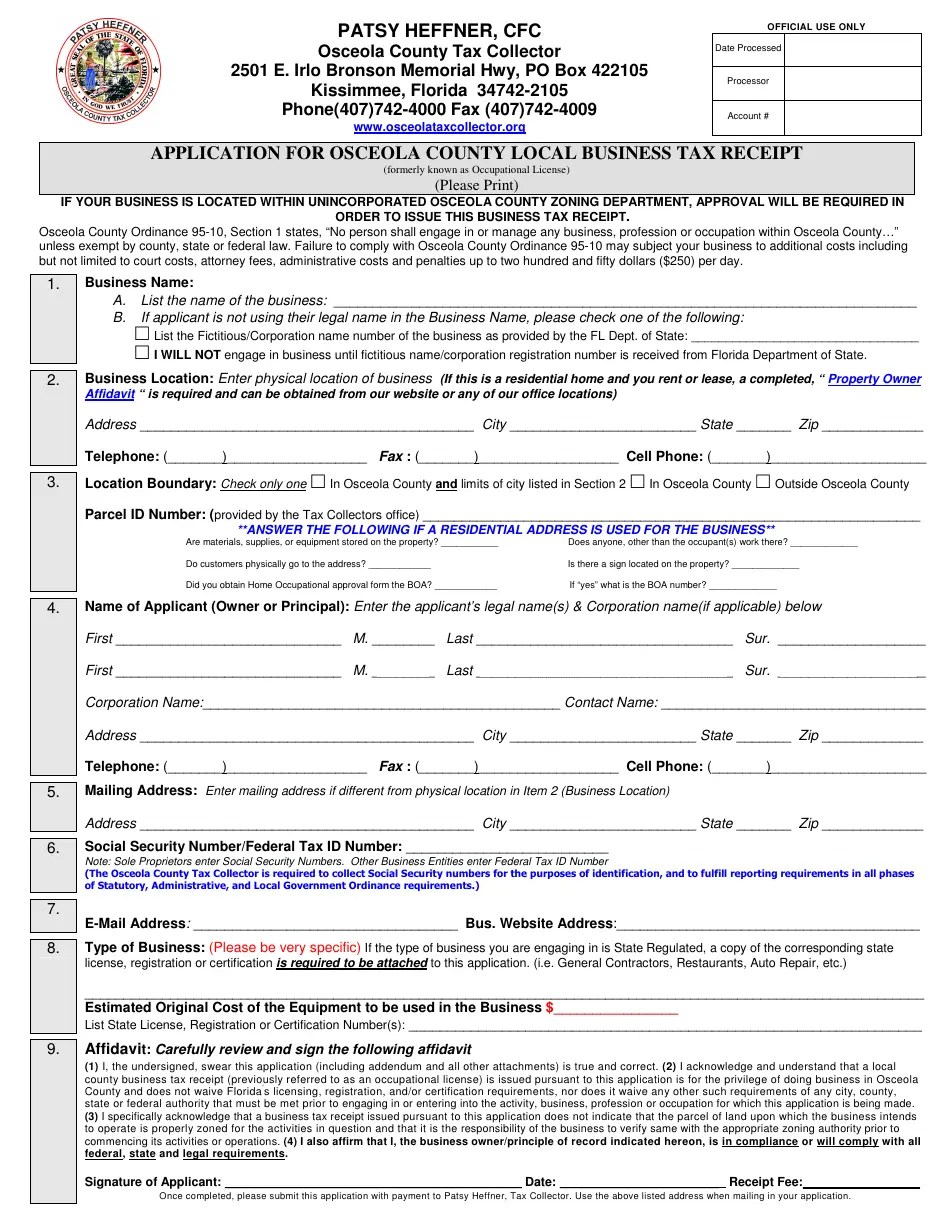 Osceola County, Florida Application for Osceola County Local Business