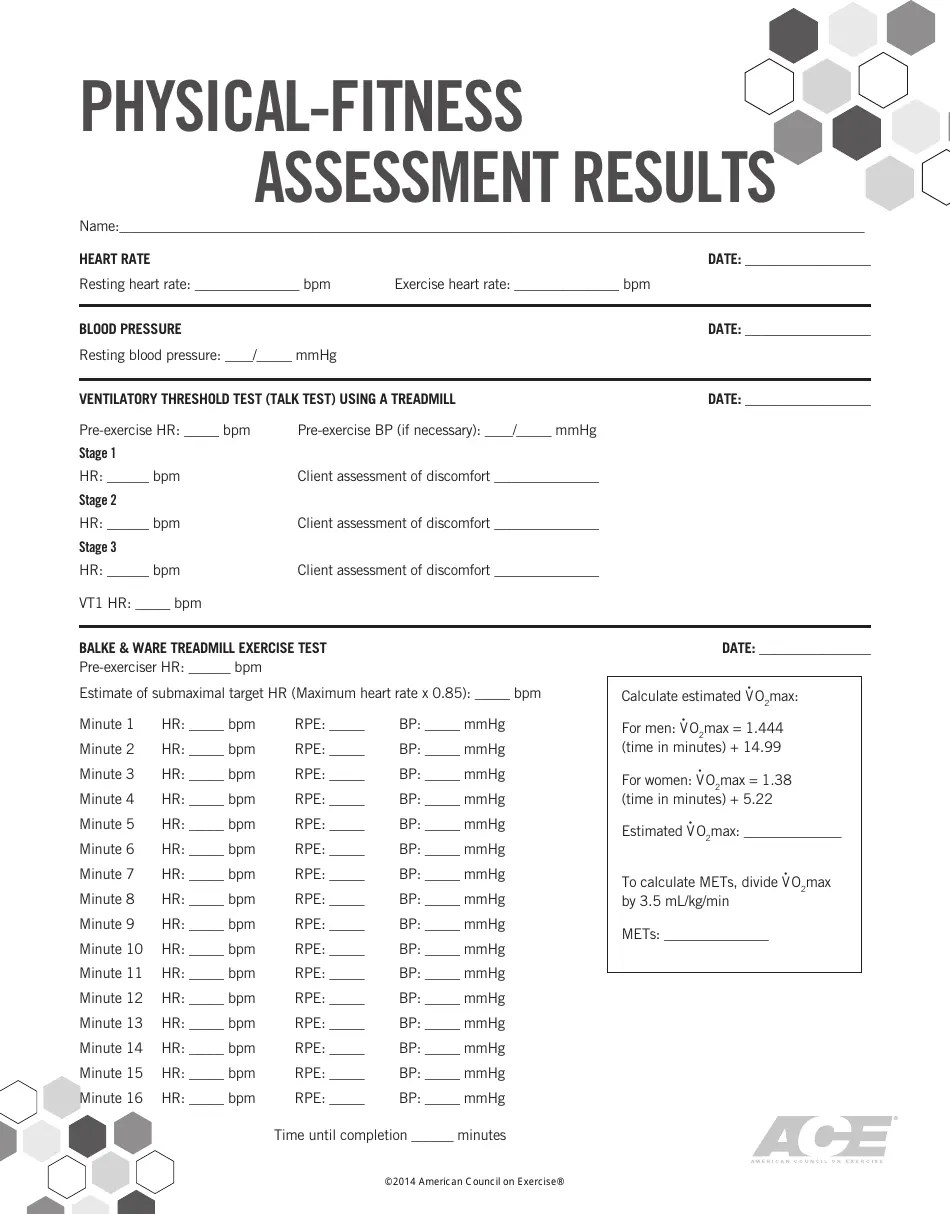 PhysicalFitness Assessment Results Form American Council on Exercise Fill Out, Sign Online