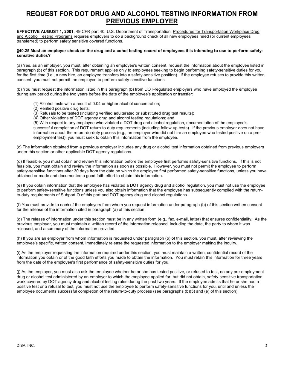 Request for Dot Drug and Alcohol Testing Information From Previous