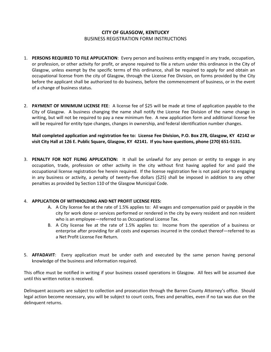 City of Glasgow, Kentucky Application Form for Business License Fill