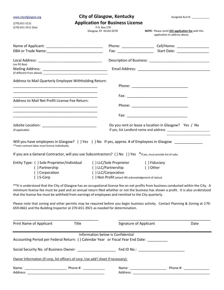 City of Glasgow, Kentucky Application Form for Business License Fill