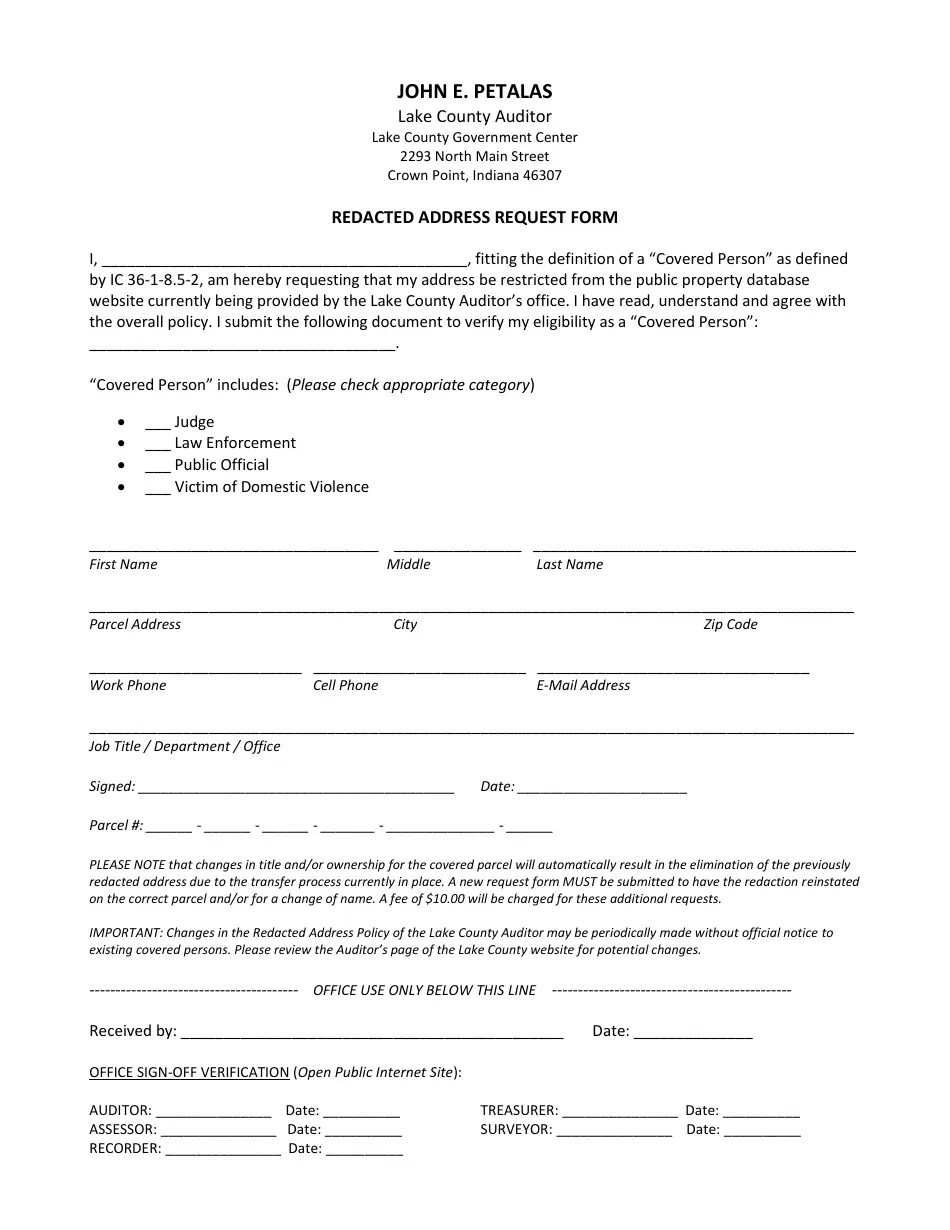 Lake County, Indiana Redacted Address Request Form Fill Out, Sign Online and Download PDF