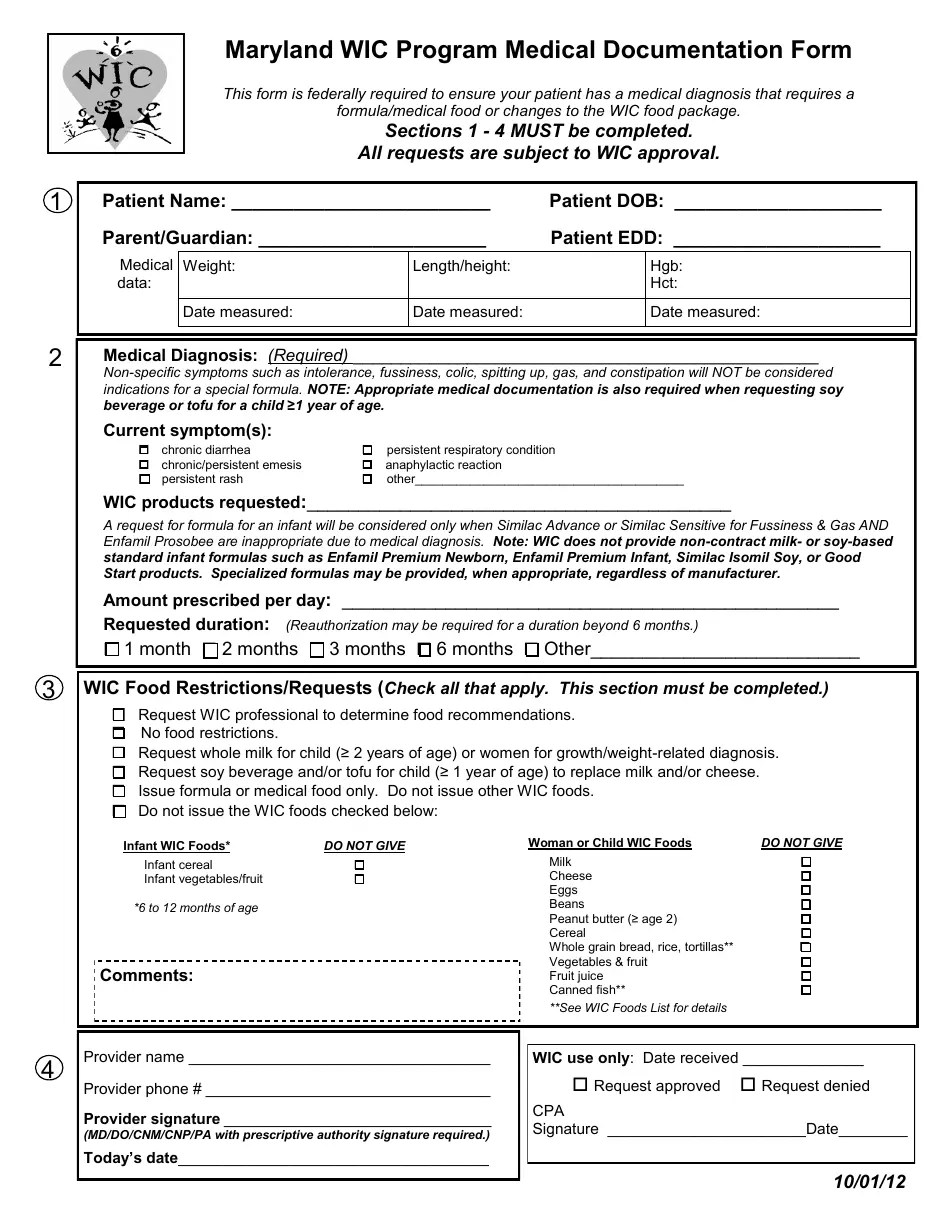 Maryland Wic Program Medical Documentation Form Fill Out, Sign Online