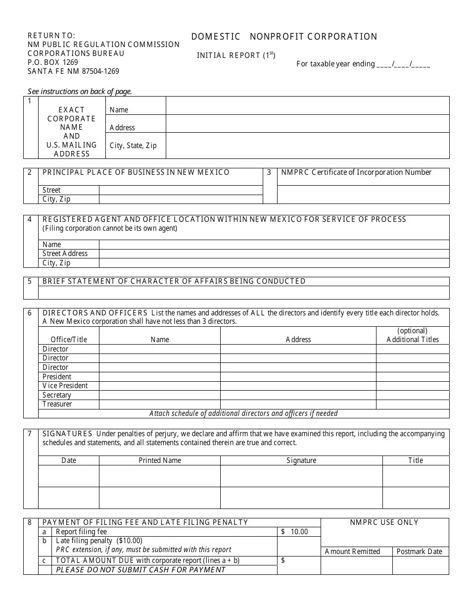 New Mexico Domestic Nonprofit Corporation Initial Report Form Fill