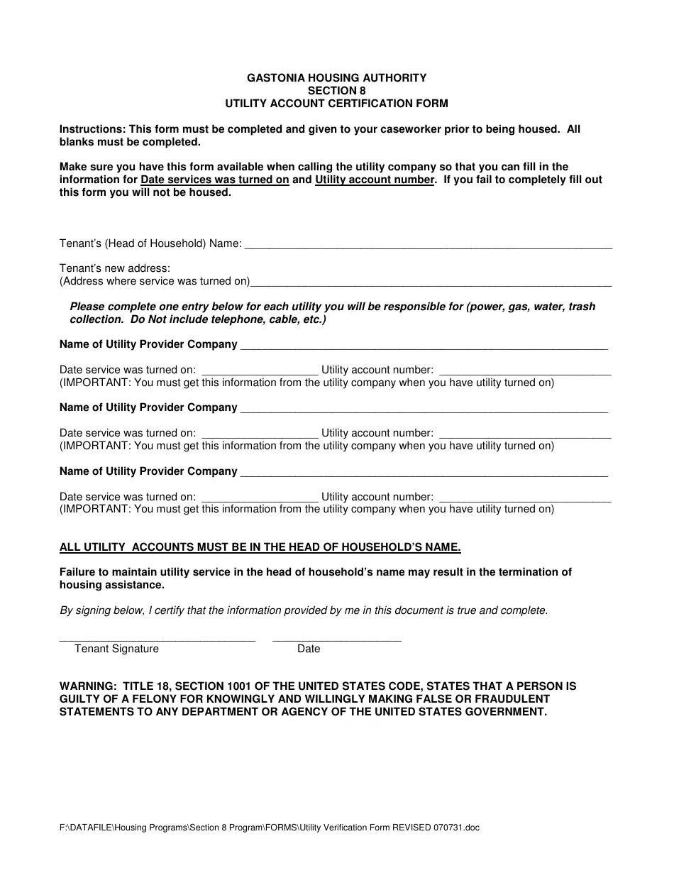 North Carolina Section 8 Utility Account Certification Form Gastonia