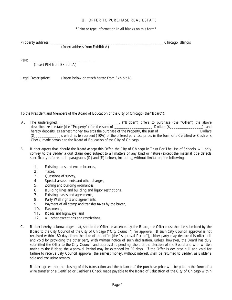 Chicago, Illinois Offer to Purchase Real Estate Form Fill Out, Sign