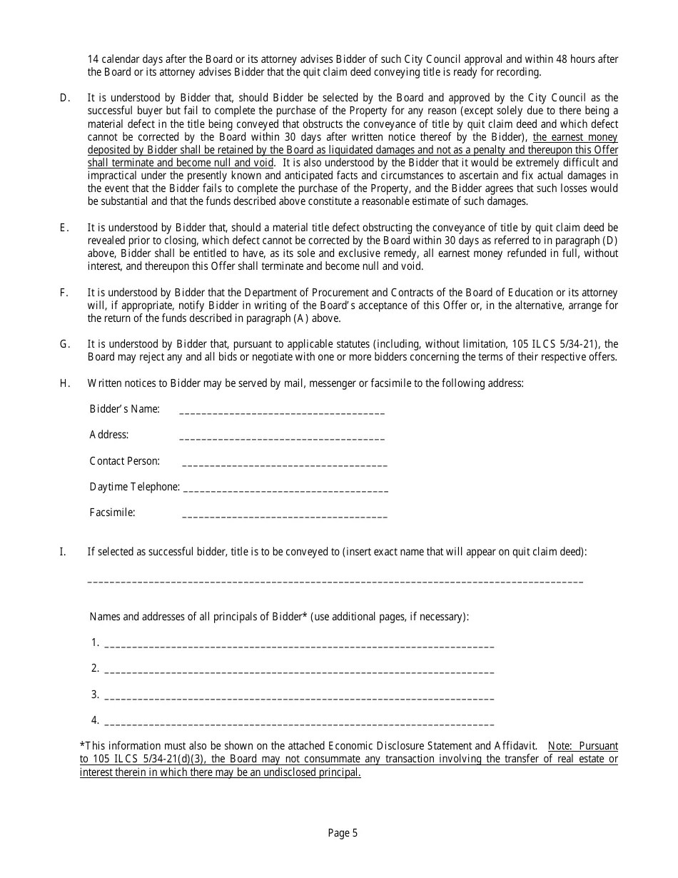 Chicago, Illinois Offer to Purchase Real Estate Form Fill Out, Sign
