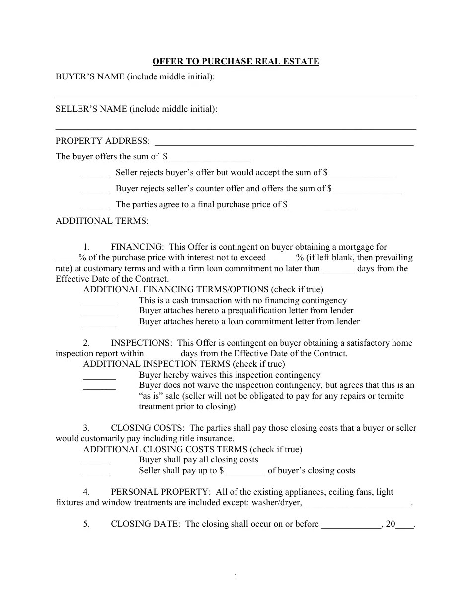 Orlando, Florida Offer to Purchase Real Estate Form Fill Out, Sign