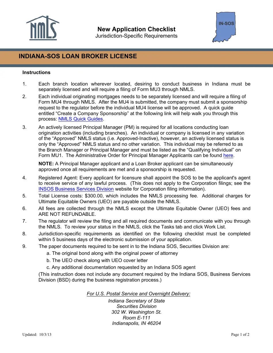 Indiana IndianaSos Loan Broker License Form Fill Out, Sign Online
