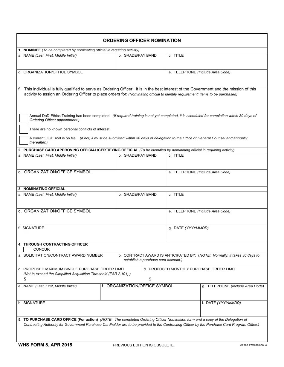 WHS Form 8 Download Fillable PDF or Fill Online Ordering Officer