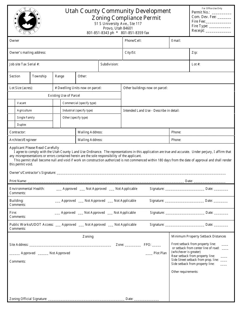 Utah County, Utah Zoning Compliance Permit Form Fill Out, Sign Online