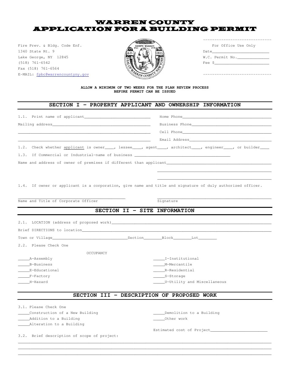 Warren county, New York Application for a Building Permit Fill Out