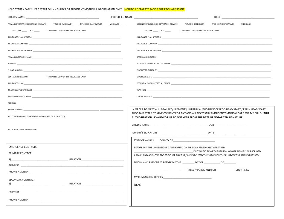 Kansas Head Start / Early Head Start Application Form " Child's or