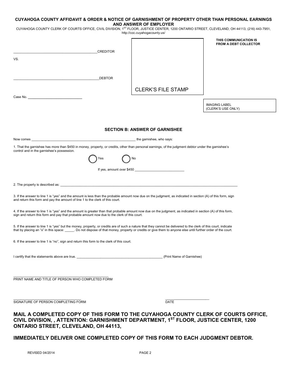 CUYAHOGA COUNTY, Ohio Affidavit, Order, and Notice of Garnishment of