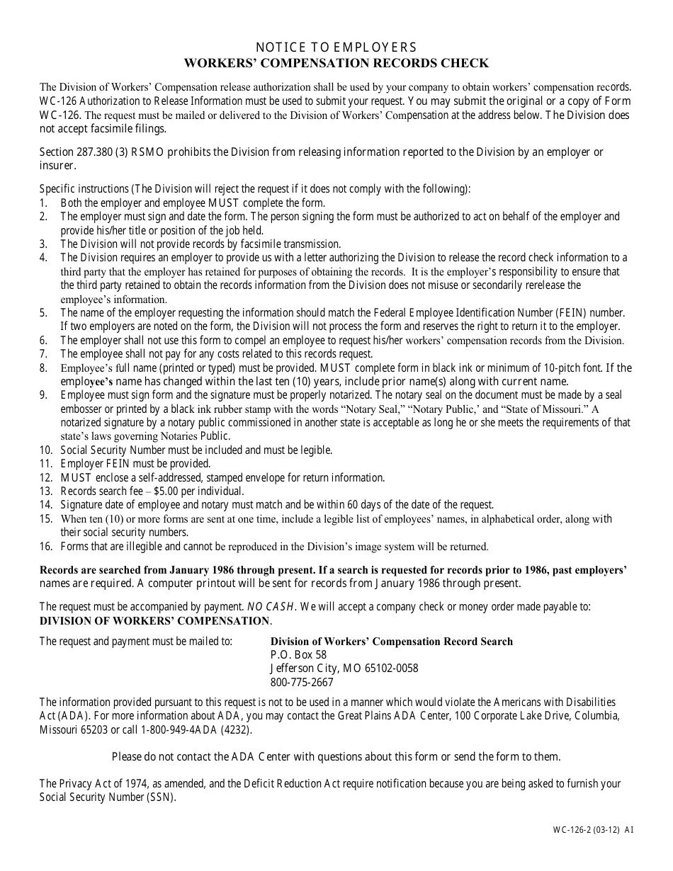 Form WC126 Fill Out, Sign Online and Download Fillable PDF, Missouri Templateroller
