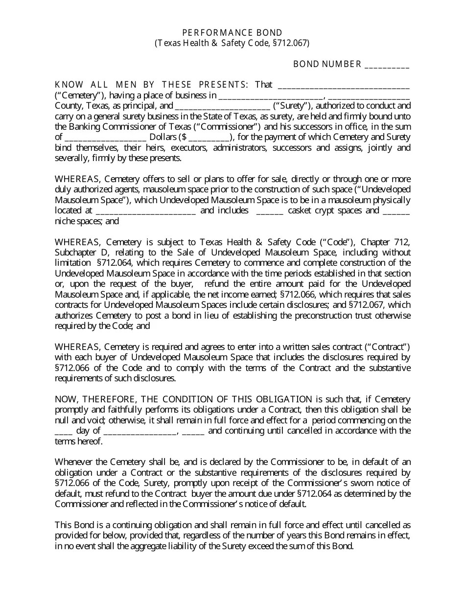 Texas Performance Bond Fill Out, Sign Online and Download PDF