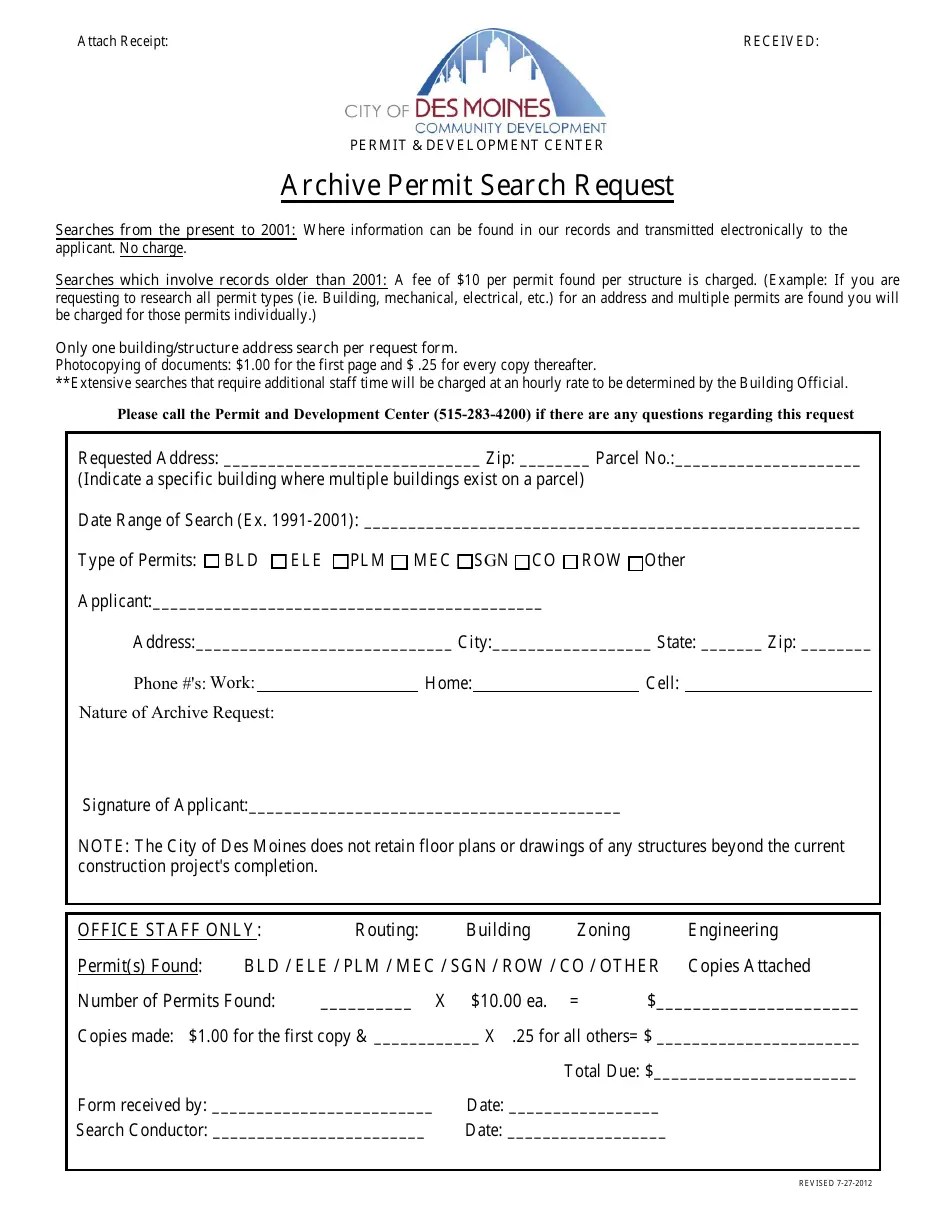 City of Des Moines, Iowa Archive Permit Search Request Fill Out, Sign