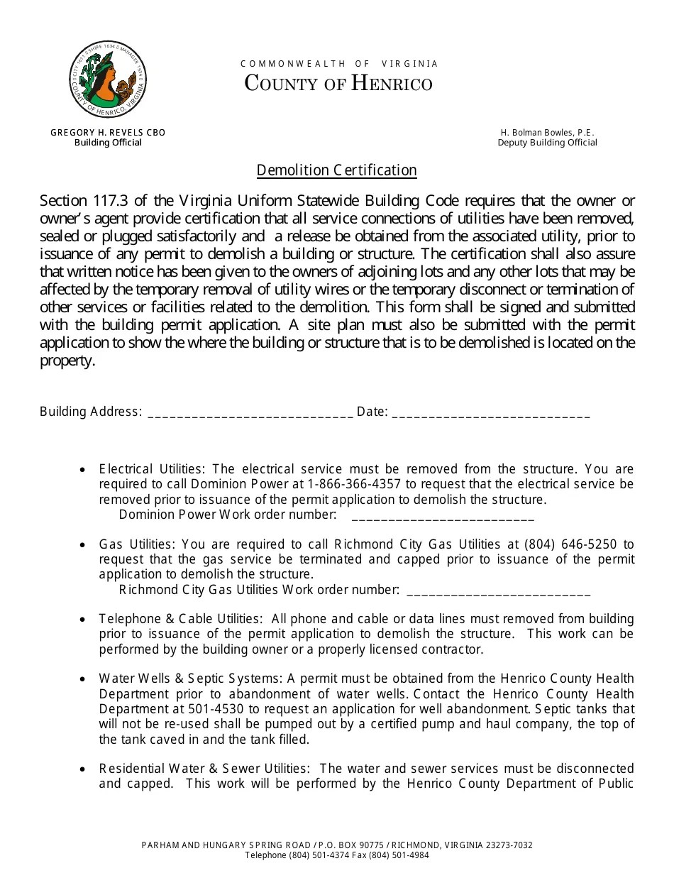 Henrico County, Virginia Demolition Certification Form Fill Out, Sign