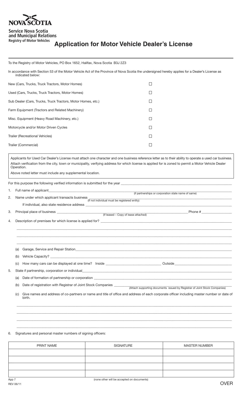 Nova Scotia Canada Application for Motor Vehicle Dealer's License