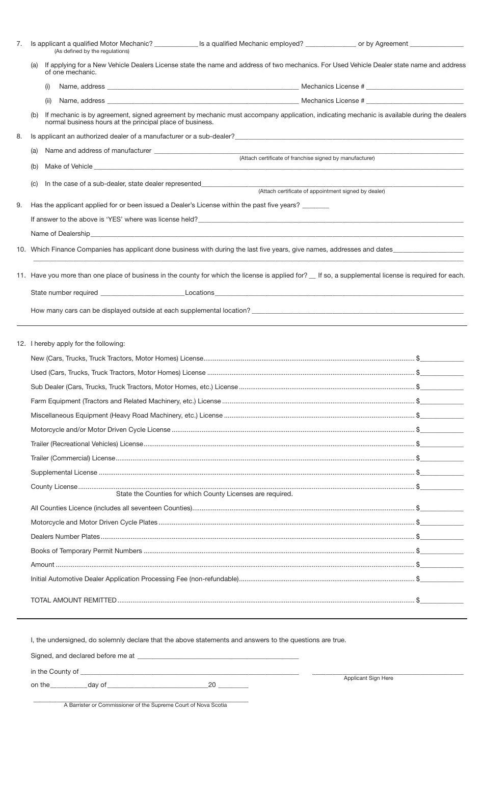 Nova Scotia Canada Application for Motor Vehicle Dealer's License