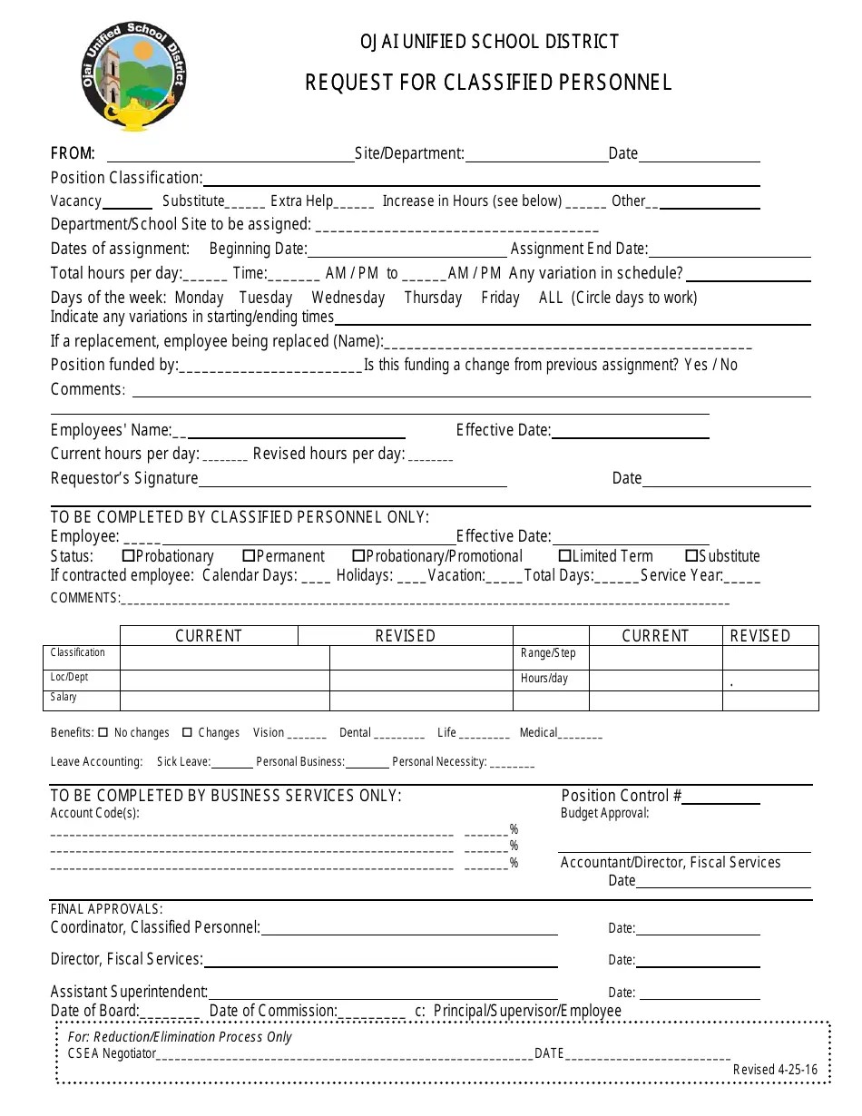 Request for Classified Personnel Ojai Unified School District