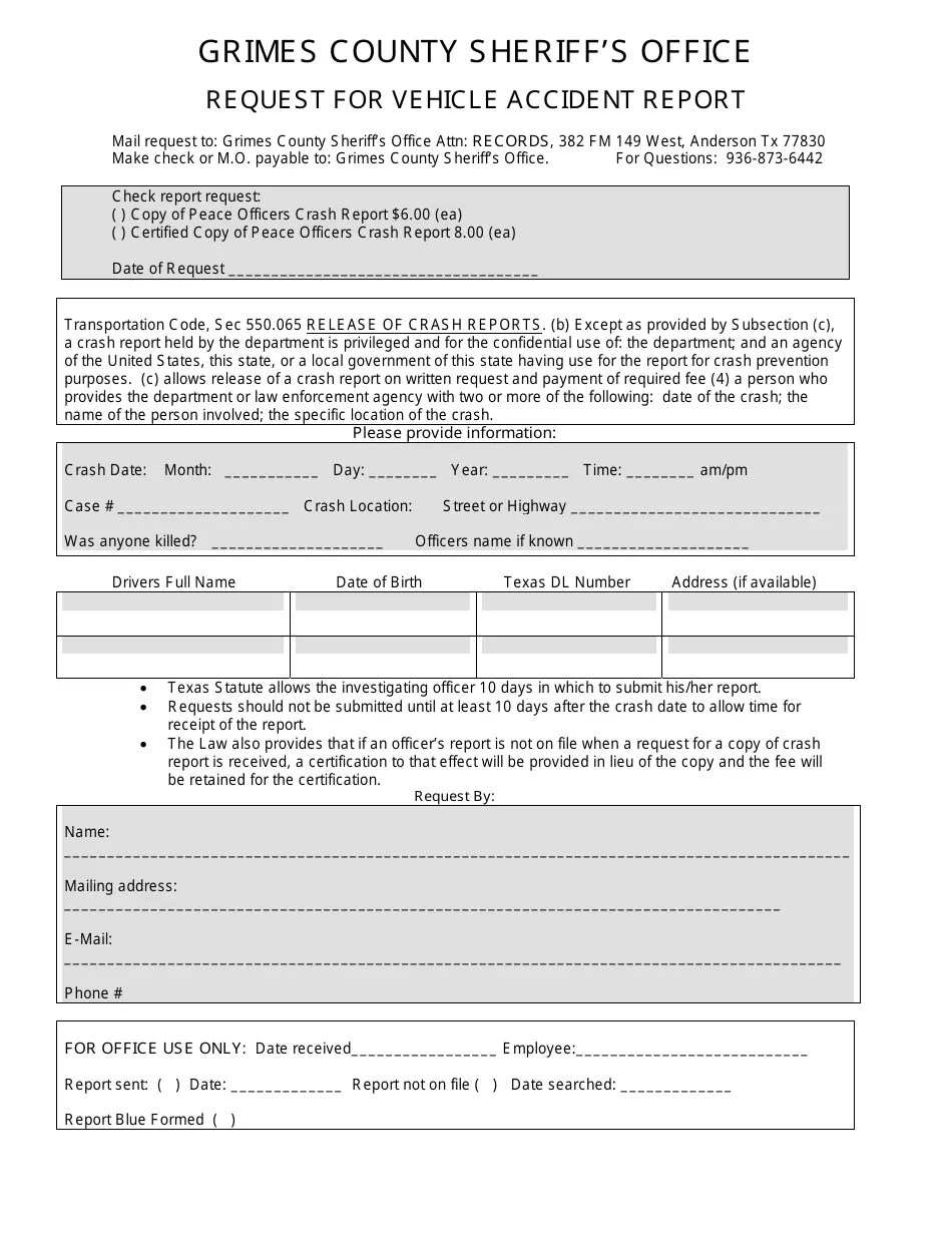 Grimes County, Texas Request for Vehicle Accident Report Fill Out