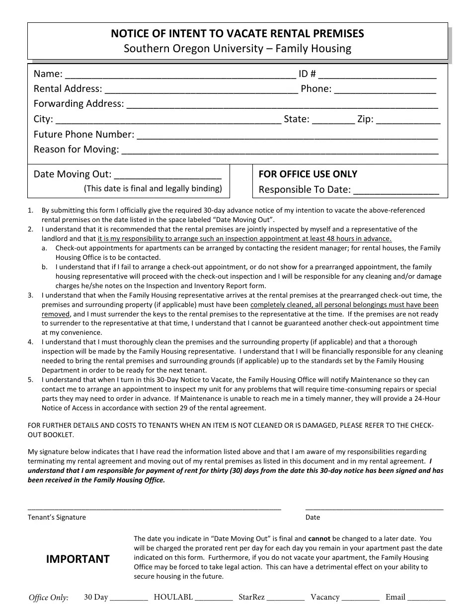 Notice of Intent to Vacate Rental Premises Southern Oregon University