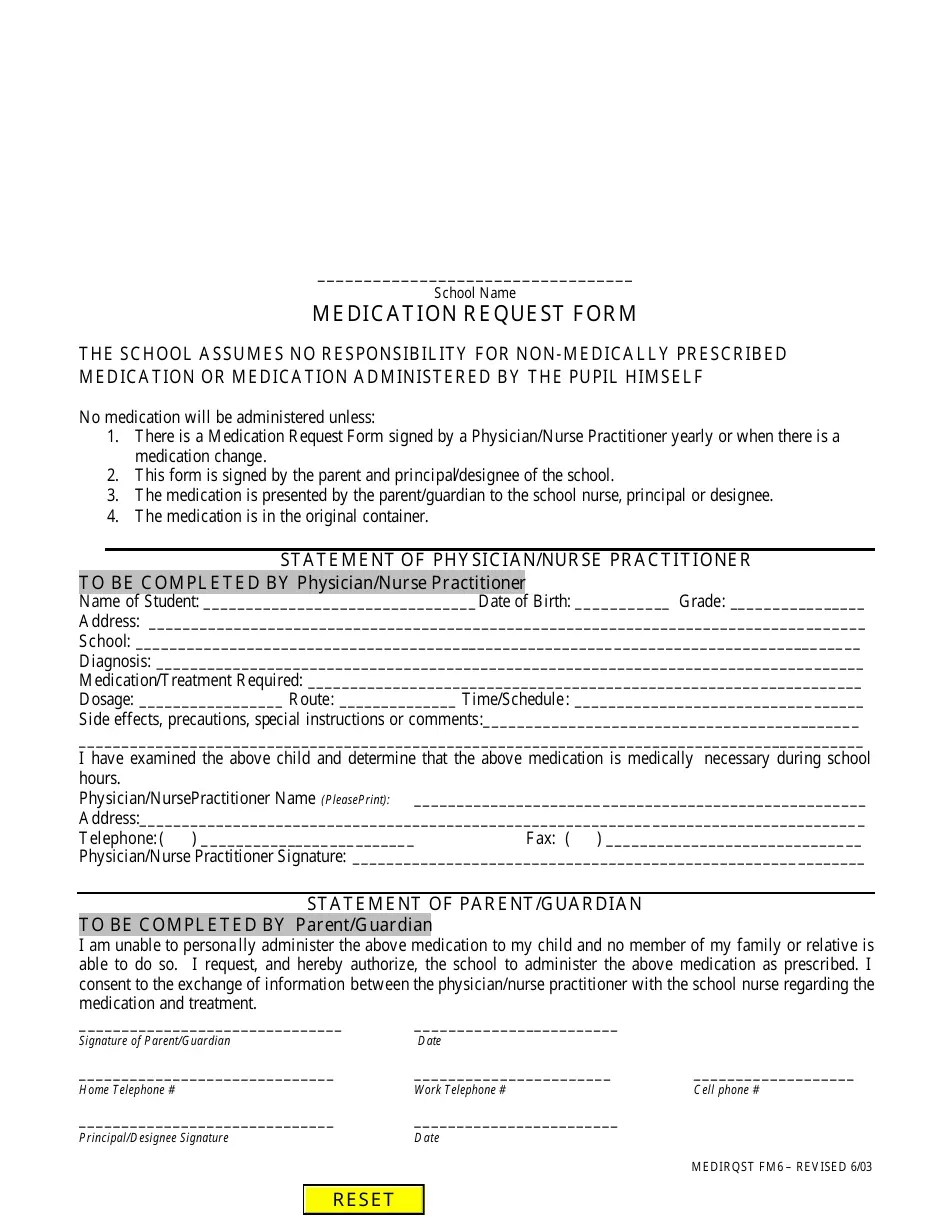 School Medication Request Form Download Fillable PDF Templateroller