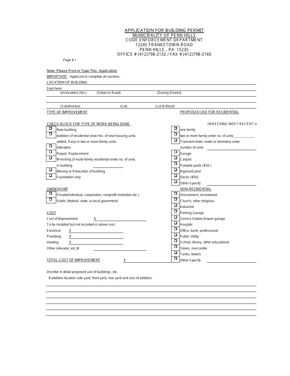 Municipality of Penn Hills, Pennsylvania Application for Building