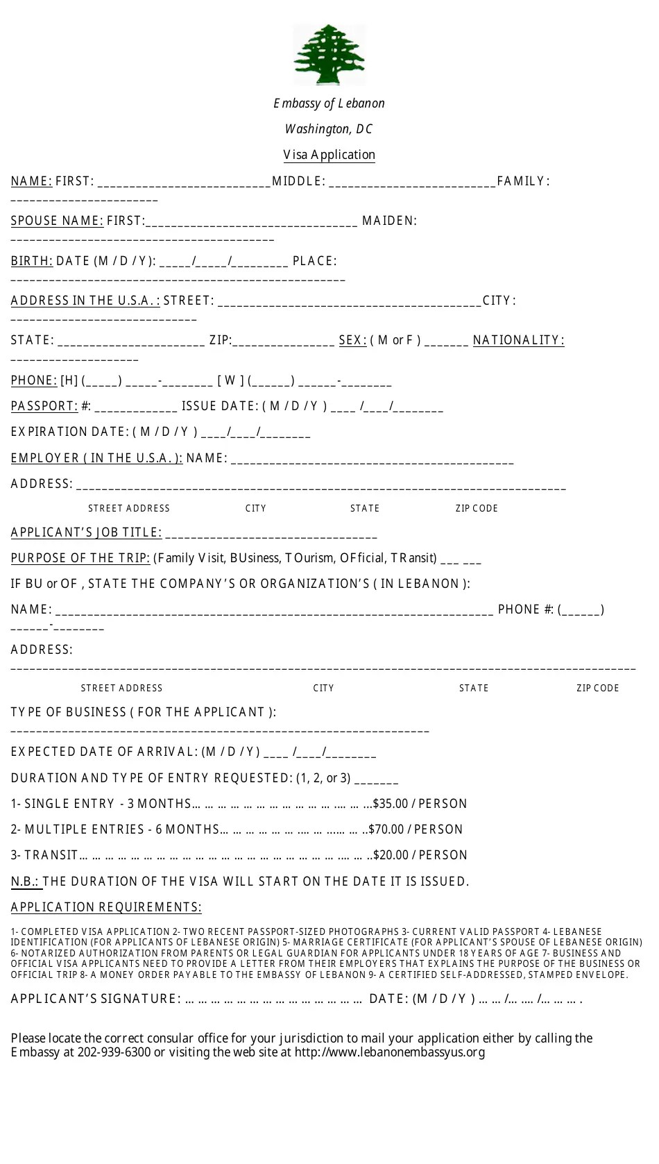 Washington, D.C. Lebanon Visa Application Form Embassy of Lebanon Download Fillable PDF