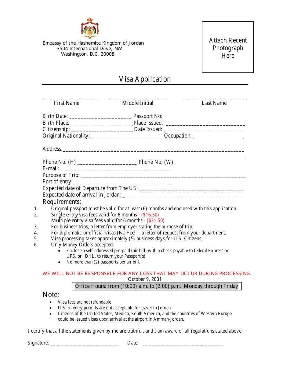 Washington, D.C. Jordan Visa Application Form Embassy of the
