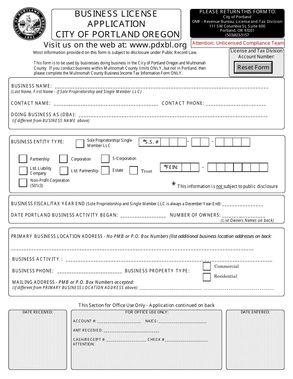 City of Portland, Oregon Business License Application Form Fill Out, Sign Online and Download