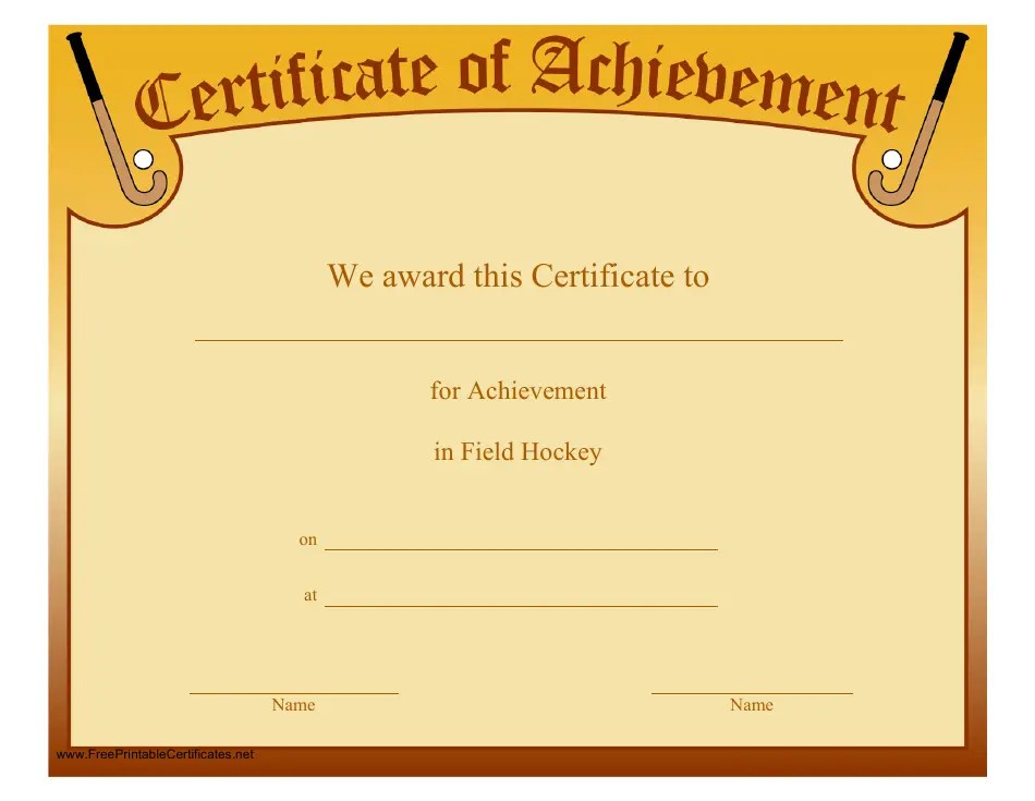 Field Hockey Certificate of Achievement Template Download Printable PDF