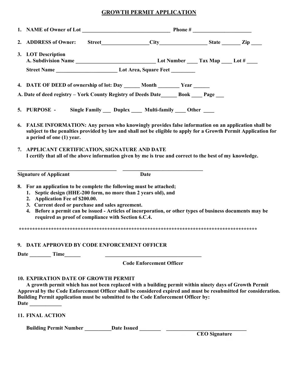Town of Waterboro, Maine Growth Permit Application Form Fill Out