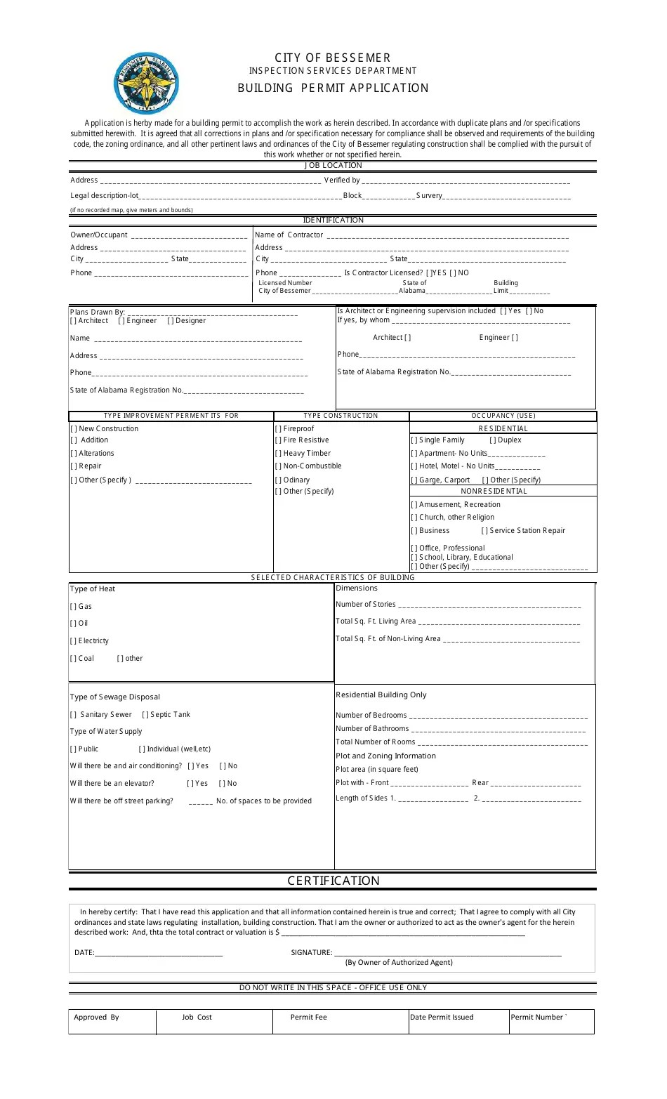 City of Bessemer, Alabama Building Permit Application Form Fill Out