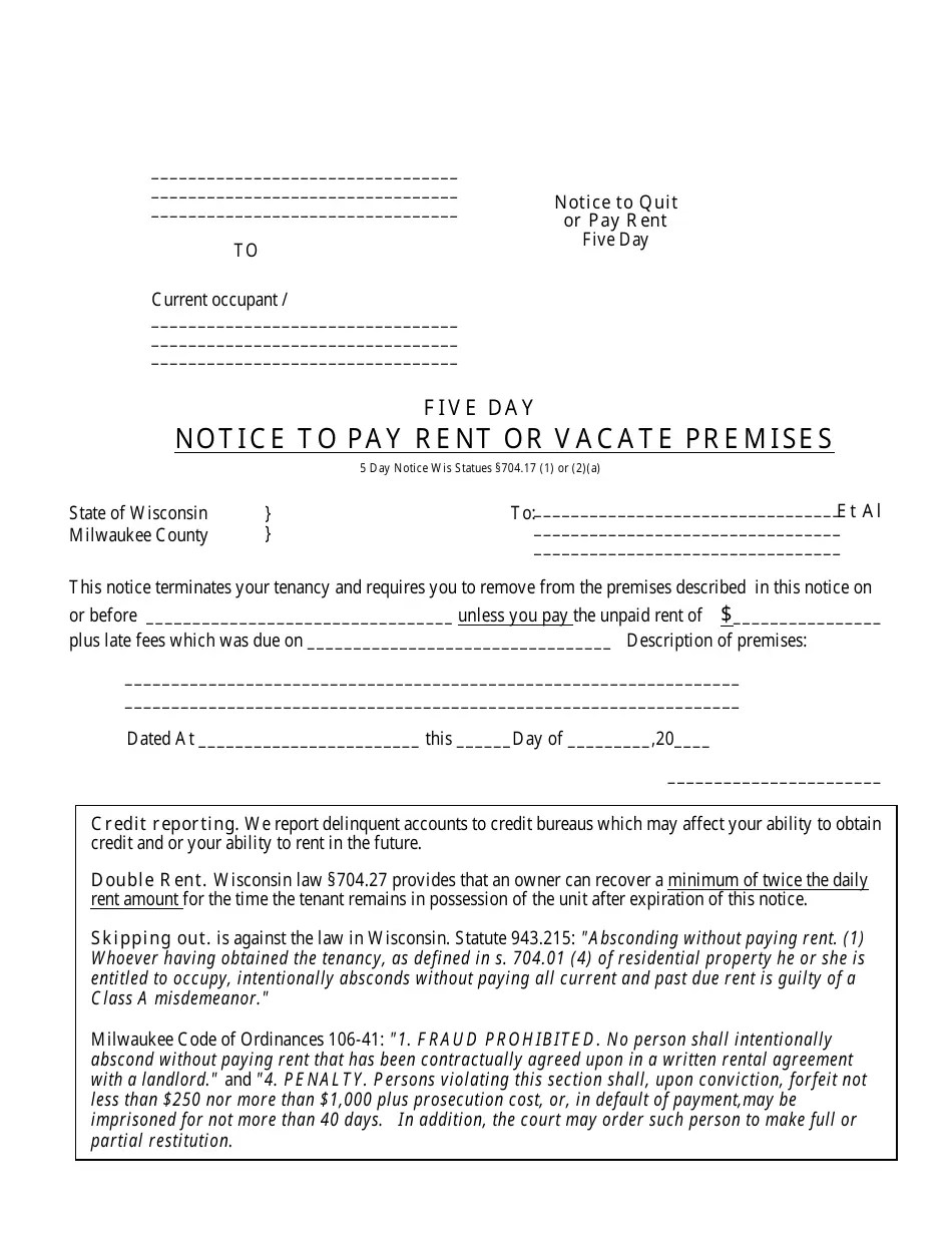 Milwaukee County, Wisconsin Five Day Notice to Pay Rent or Vacate Premises Form Fill Out, Sign