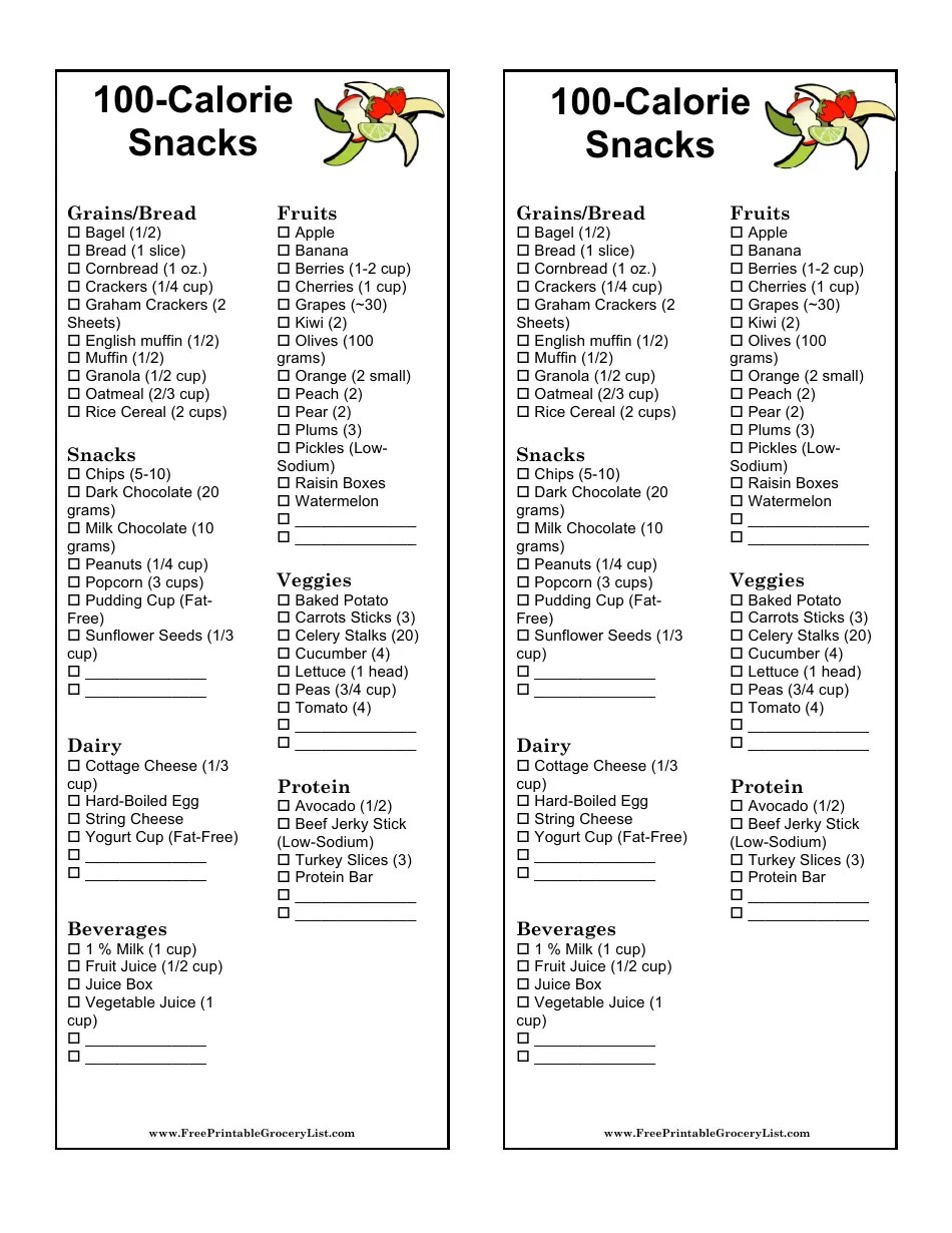 100calorie Snacks List Template Download Printable PDF Templateroller