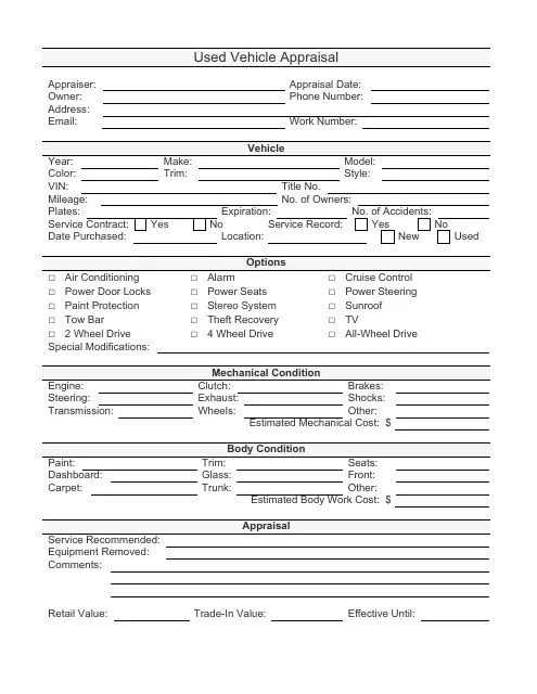 Used Vehicle Appraisal Form Download Printable PDF Templateroller