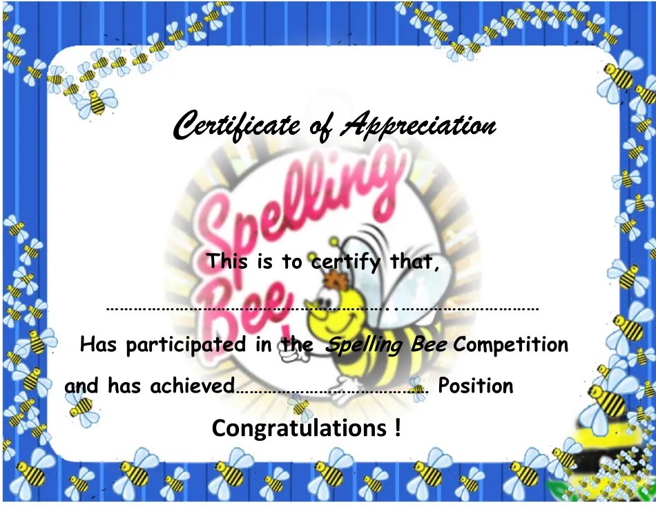 Spelling Bee Competition Appreciation Certificate Template Download