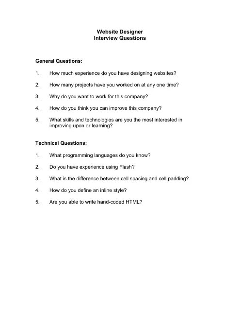 Sample Website Designer Interview Questions Download Printable PDF