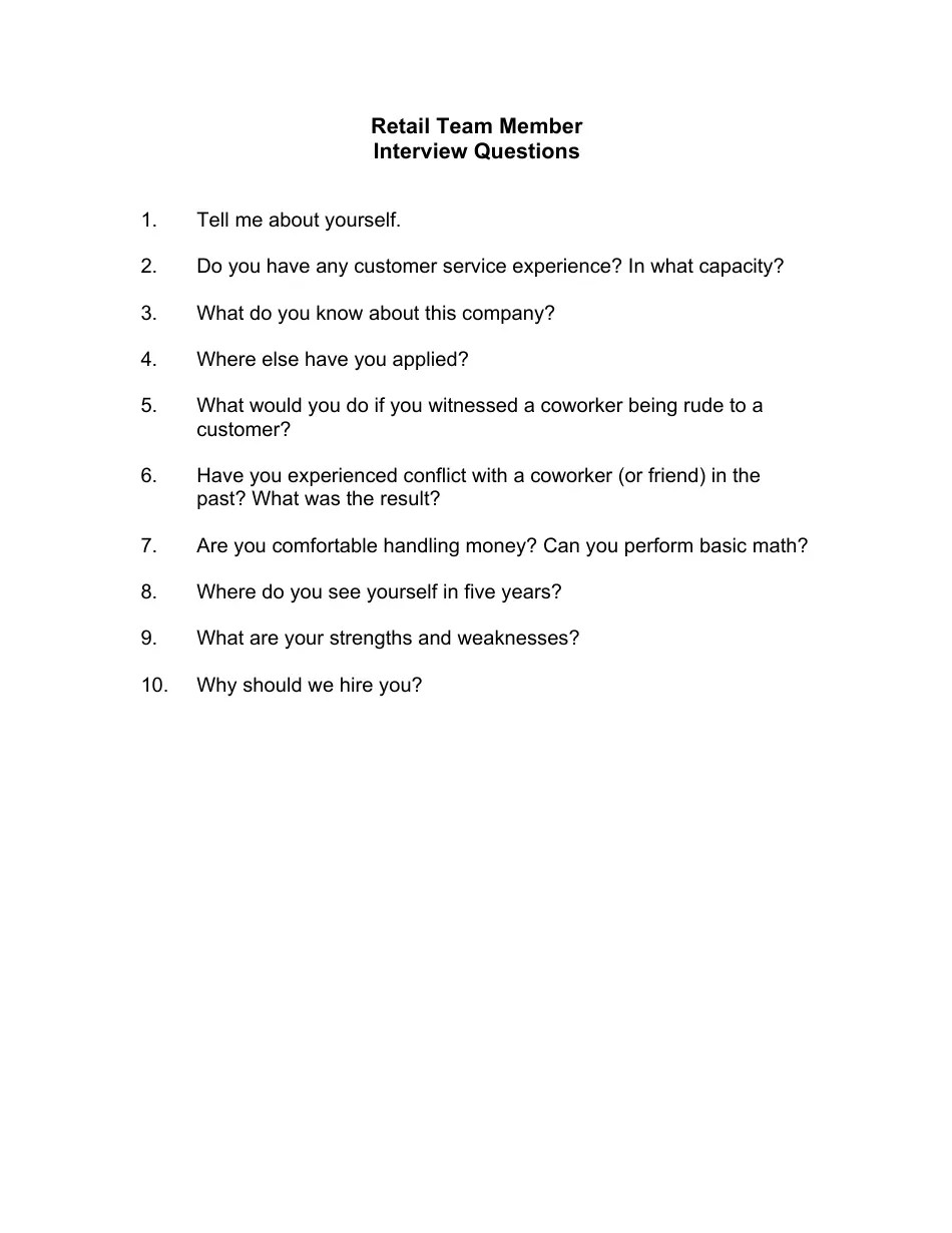 Sample Retail Team Member Interview Questions Fill Out, Sign Online