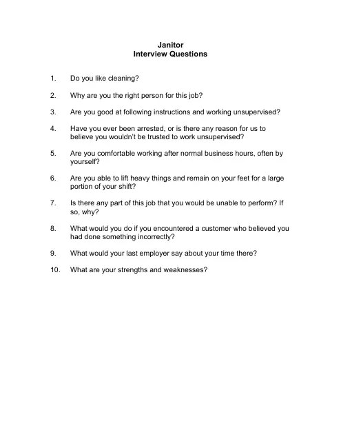 Sample Janitor Interview Questions Download Printable PDF Templateroller