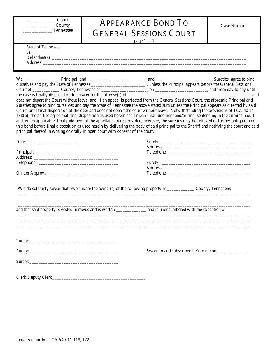 Tennessee Appearance Bond to General Sessions Court Fill Out, Sign