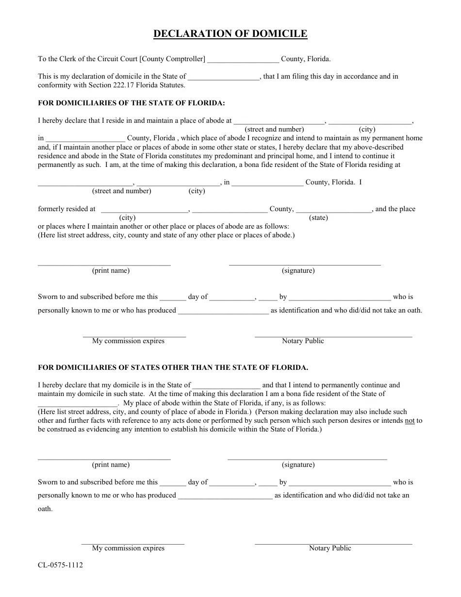 Volusia County, Florida Declaration of Domicile Template Fill Out