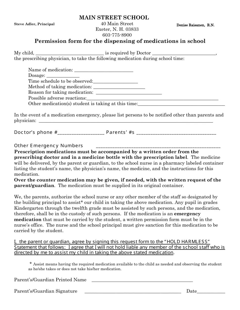 Permission Form for Dispensing of Medications in School Main Street