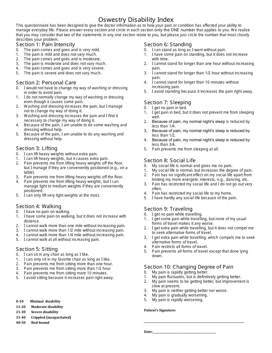 Oswestry Disability Index Questionnaire Template Download Printable PDF